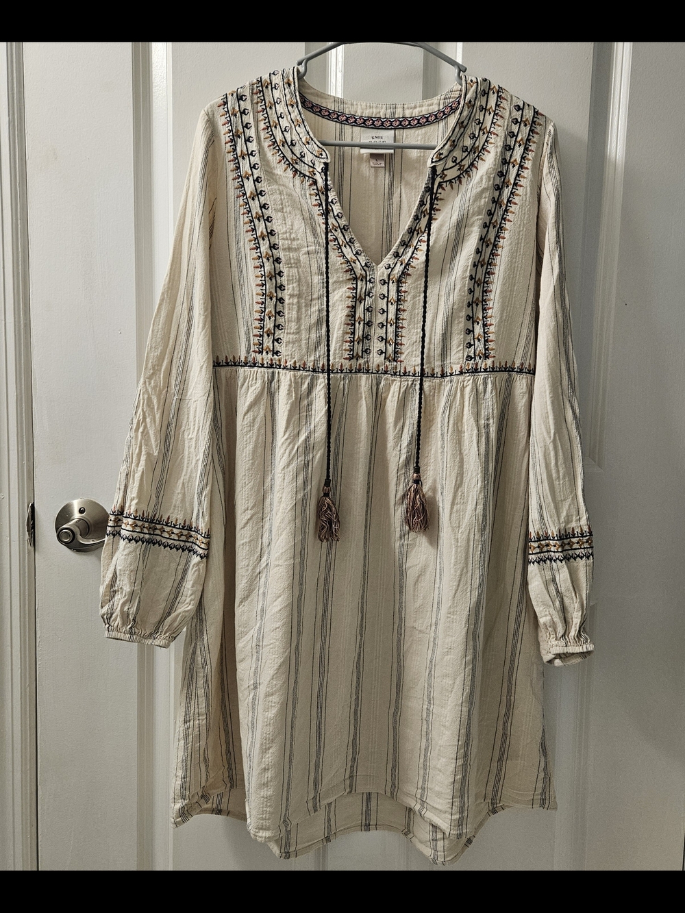 Knox Rose Cream Long-Sleeve Embroidered Peasant Tunic Sz L